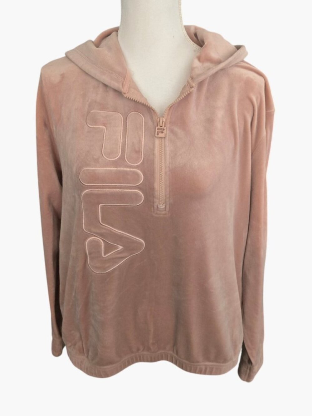 FILA Velour 1/2 Zip Track Pullover Hoodie Jacket Pink Logo Embossed Size XL